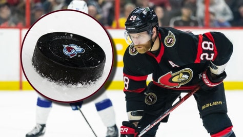 Claude Giroux of the Ottawa Senators and an Avalanche logo