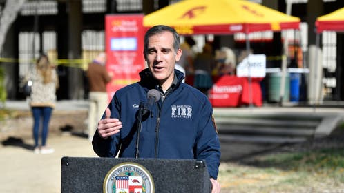 Mayor Eric Garcetti Visits Coronavirus Vaccination Site In Los Angeles With CORE Chairperson Sean Penn And CEO Ann Lee