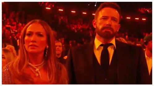 Ben Affleck goes viral during the Grammy Awards for looking miserable. (Credit: Screenshot/Twitter Video https://twitter.com/MattLeinartQB/status/1622447410508079104)