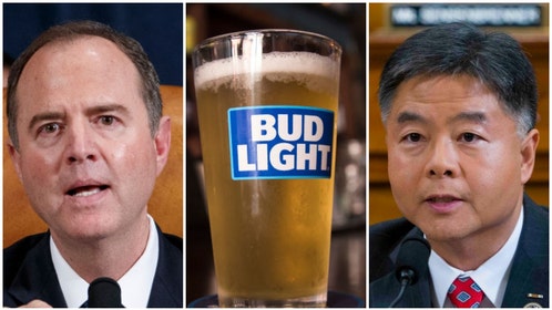 Ted Lieu and Adam Schiff take a photo with Bud Light. The company is under fire for working with Dylan Mulvaney. (Credit: Getty Images)