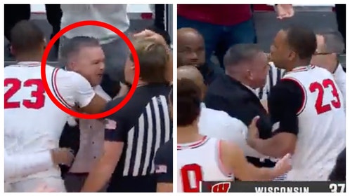 Ohio State basketball coach Chris Holtmann ejected against the Wisconsin Badgers. He was upset about an offensive foul call. (Credit: Screenshot/Twitter Video https://twitter.com/BSSportsbook/status/1621311639206170626)