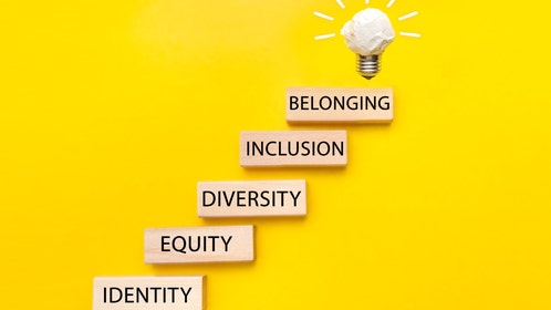 Equity, identity, diversity, inclusion, belonging symbol. Wooden blocks with words on beautiful yellow background. Inclusion, belonging concept.