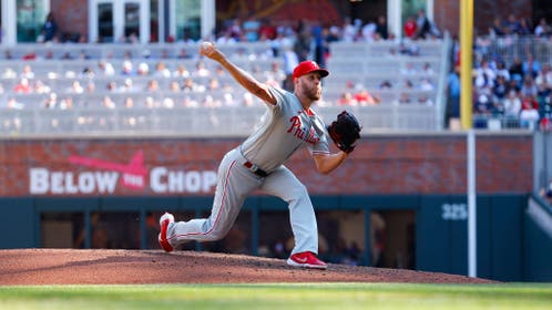 Philadelphia Phillies RHP Zack Wheeler pitches vs. the Braves at Truist Park in Atlanta, Georgia.