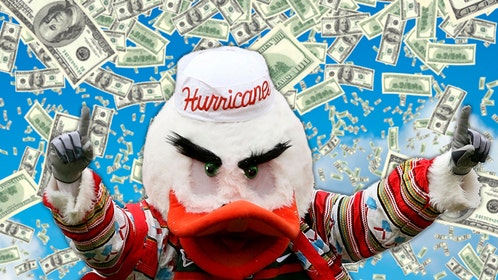 Hurricanes mascot surrounded by $100 bills