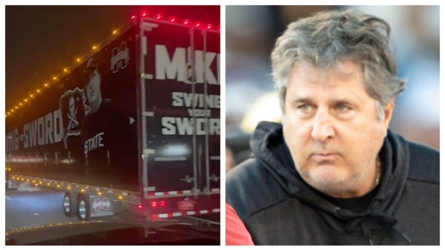 The Mississippi State Bulldogs honor former coach Mike Leach with equipment bus. (Credit: Getty Images and Twitter Video Screenshot/https://twitter.com/senatorharkins/status/1605715635836784641)