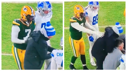 Packers linebacker Quay Walker apologizes for shoving Detroit Lions trainer. (Credit: Screenshot/Twitter Video https://twitter.com/SharpFootball/status/1612298072565972998)