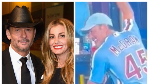 "1883" star Tim McGraw wears his father's jersey during the World Series between the Phillies and Astros. (Credit: Screenshot/Twitter Video https://twitter.com/MLBONFOX/status/1587617758698766338 and Getty Images)