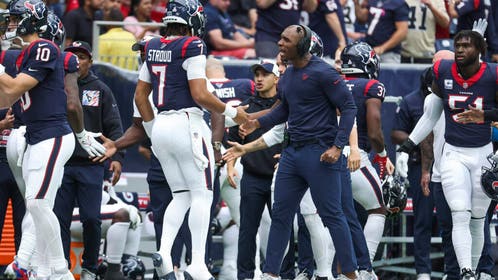 Houston Texans head coach DeMeco Ryans celebrates with QB C.J. Stroud after a TD vs. the New Orleans Saints at NRG Stadium.