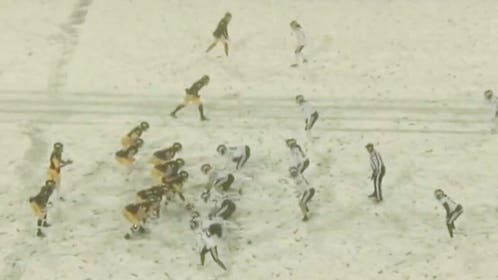 The Western Michigan Broncos beat CMU in a snow storm Wednesday night. (Credit: Screenshot/Twitter Video https://twitter.com/MACSports/status/1593052074954326016)