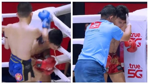 Kickboxer hit so hard he pukes everywhere.