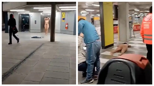 Naked woman attacks people at airport.