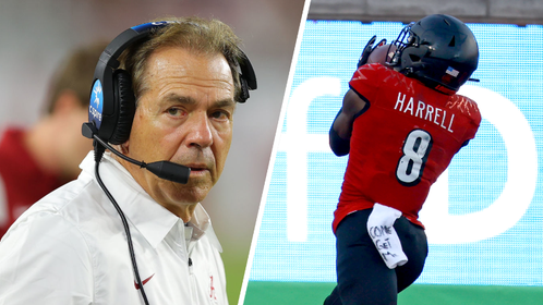 Saban with headset, Harrell catches pass