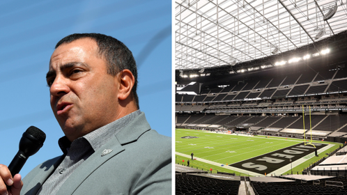 Dan Ventrelle speaks, empty Allegiant Stadium