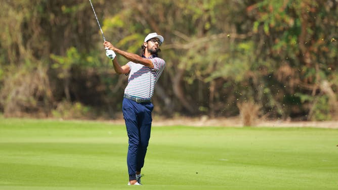 Akshay Bhatia plays his 2nd shot on the 2nd hole during the 3rd round of the Mexico Open at Vidanta at Vidanta Vallarta in Puerto Vallarta, Jalisco.