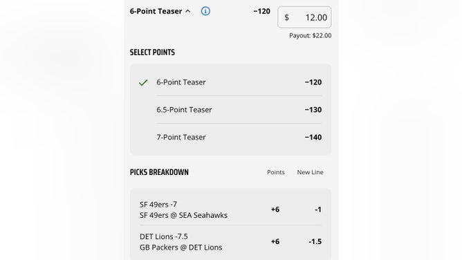 Bet slip for the Lions-49ers 6-point teaser from DraftKings Sportsbook for 2023 NFL Thanksgiving.
