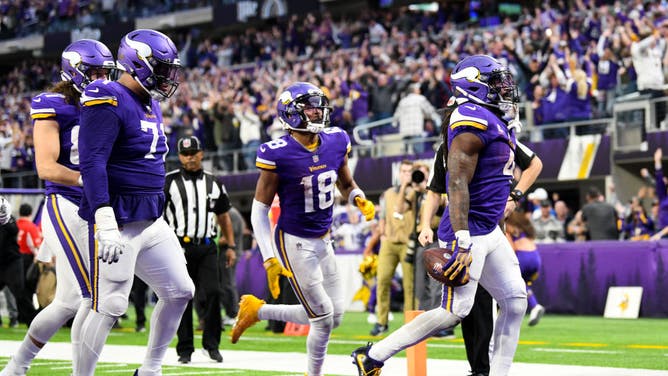 Dalvin Cook of the Minnesota Vikings celebrates after rushing for a touchdown against the Indianapolis Colts. They would tie the game in their attempt to complete the greatest comeback in NFL history.