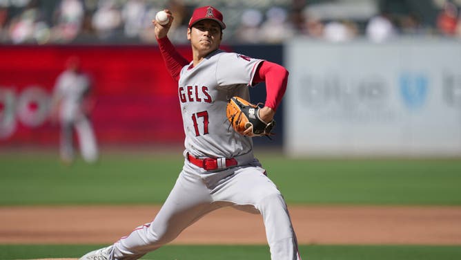Angels RHP Shohei Ohtani throws a pitch vs. the Padres during the 2nd inning at Petco Park in San Diego.