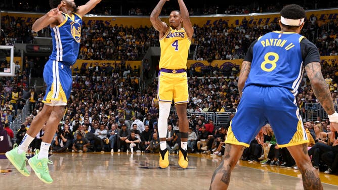 Lakers SG Lonnie Walker IV shoots a 3-pointer vs. the Warriors during Game 4 of the 2023 NBA Playoffs Western Conference Semifinals at Crypto.Com Arena in Los Angeles.