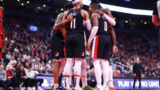 Members of the Portland Trail Blazers huddle up during the game against the Toronto Raptors at the Scotiabank Arena in Toronto, Canada.
