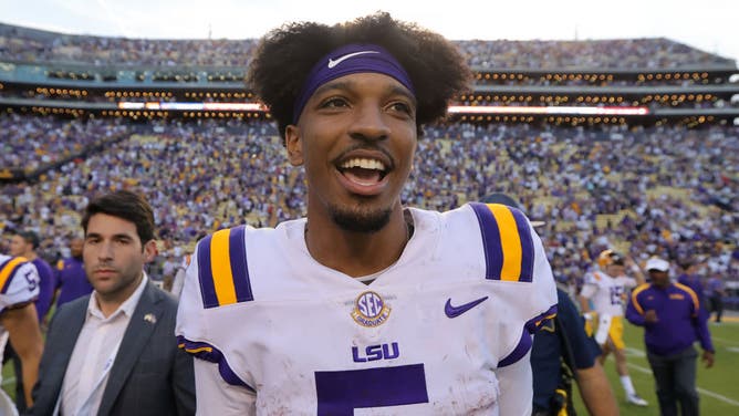 Jayden Daniels #5 of the LSU Tigers after they beat Ole Miss
