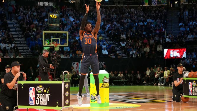 Julius Randle shoots a 3-point basket during the Starry 3-Point Contest as part of 2023 NBA All Star Weekend on Saturday, February 18, 2023 at Vivint Arena in Salt Lake City, Utah.
