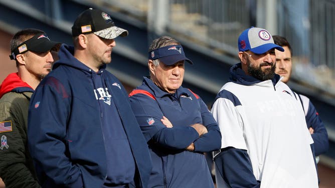 Patriots coaches Joe Judge, Belichick and Matt Patricia on the sidelines before an NFL game at Gillette Stadium.