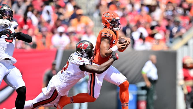 Buccaneers edge rusher Shaquil Barrett chases down Chicago Bears QB Justin Fields at Raymond James Stadium in Tampa Bay, Florida.