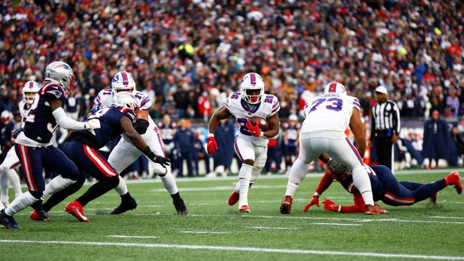 Buffalo Bills RB Devin Singletary rushes during the 4th quarter of the game against the New England Patriots at Gillette Stadium in Foxborough, Massachusetts.
