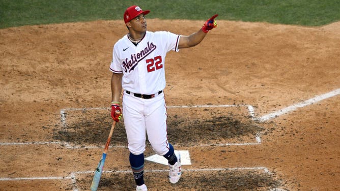 Former Washington Nationals RF Juan Soto reacts to a home run in the final round of the 2022 Home Run Derby at Dodgers Stadium.