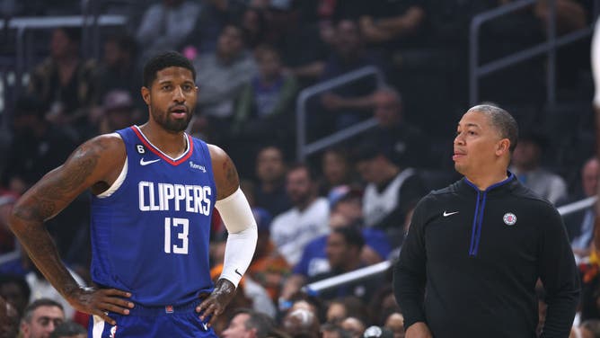 Los Angeles Clippers All-Star Paul George and head coach Tyronn chopping it up in a win over the Houston Rockets at Crypto.com Arena in Los Angeles.
