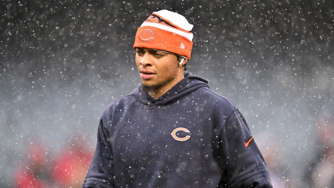 Justin Fields of the Chicago Bears looks on prior to a game against the Atlanta Falcons at Soldier Field on December 31, 2023 in Chicago, Illinois.