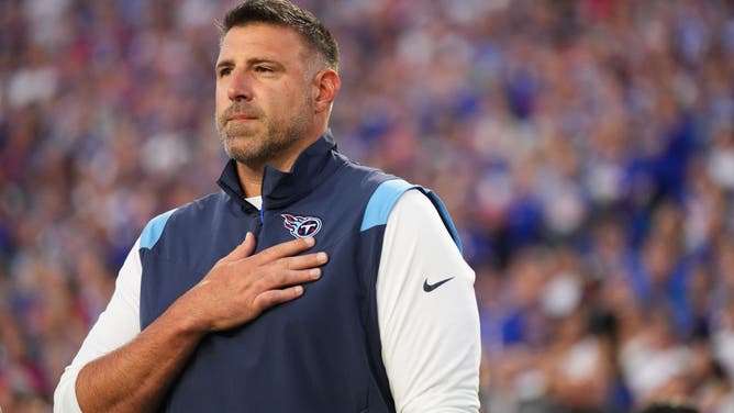 Tennessee Titans head coach Mike Vrabel stands during the national anthem against the Buffalo Bills at Highmark Stadium.