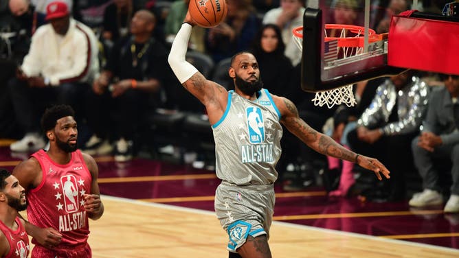 LeBron James dunks the ball during 71st NBA All-Star Game at Rocket Mortgage FieldHouse in Cleveland, Ohio.