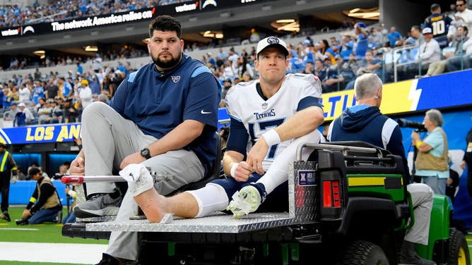 Tennessee Titans QB Ryan Tannehill exits the field after suffering a high-ankle sprain vs. the Los Angeles Rams. Tannehill returned to the game and finished the contest.