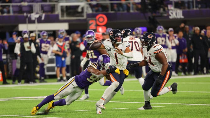 Minnesota Vikings pass rusher Danielle Hunter tackles Chicago Bears QB Justin Fields at U.S. Bank Stadium in Minneapolis.