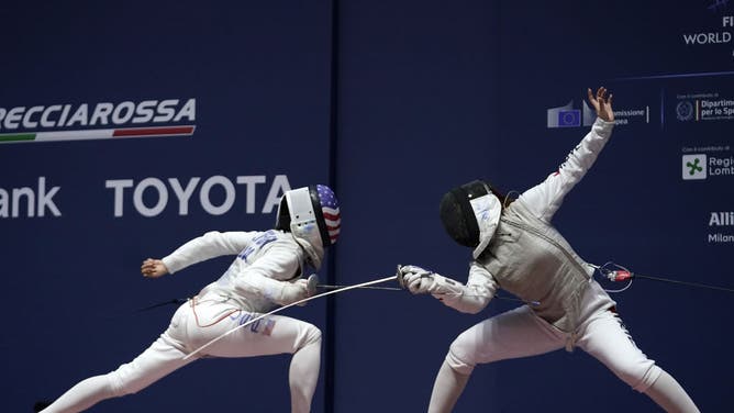 Fencers compete during the FIE Fencing World Championships.