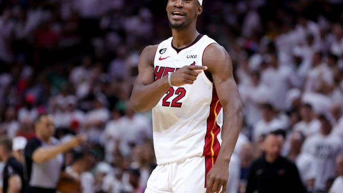 Heat SF Jimmy Butler is hyped vs. the Boston Celtics in Game 3 of the Eastern Conference Finals at Kaseya Center in Miami, Florida.