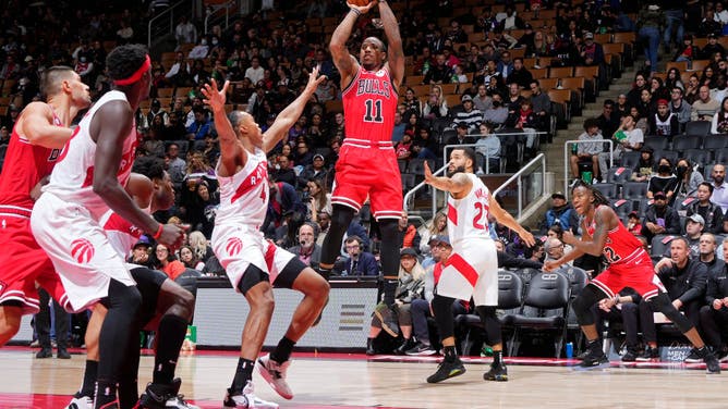 Chicago Bulls All-Star DeMar DeRozan shoots a mid-range fadeaway against the Toronto Raptors at the Scotiabank Arena in Toronto, Ontario, Canada.