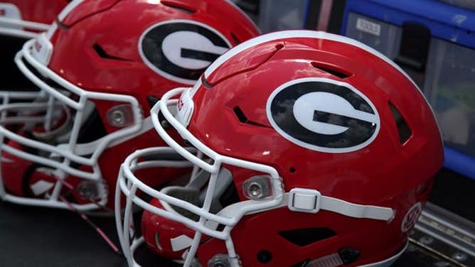 The Georgia Bulldogs' helmets at a game against the UAB Blazers at Sanford Stadium in Athens, Ga., on Sept. 11, 2021.