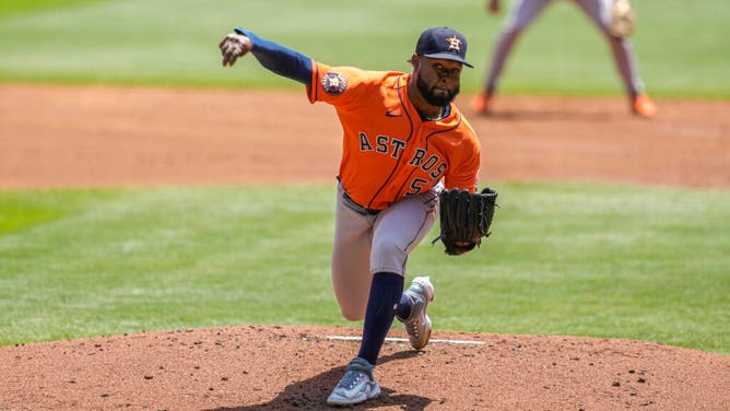 Houston Astros starter Cristian Javier pitches against the Braves during the 1st inning at Truist Park in Atlanta.