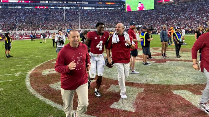 Alabama QB Jale Milroe heads to the locker room to celebrate the win over Tennessee