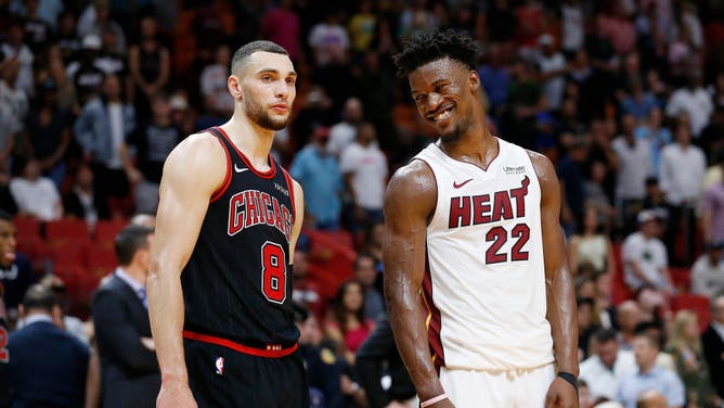 Heat SF Jimmy Butler laughs at Bulls SG Zach LaVine at American Airlines Arena in Miami.
