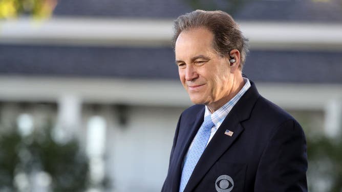 Jim Nantz, CBS Sportscaster, is seen on set during the first round of the 2017 Masters Tournament at Augusta National Golf Club.