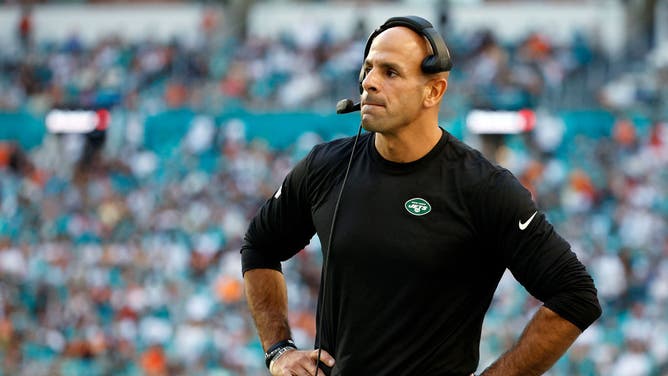 New York Jets head coach Robert Saleh during the second half against the Miami Dolphins at Hard Rock Stadium in Miami Gardens, Florida.