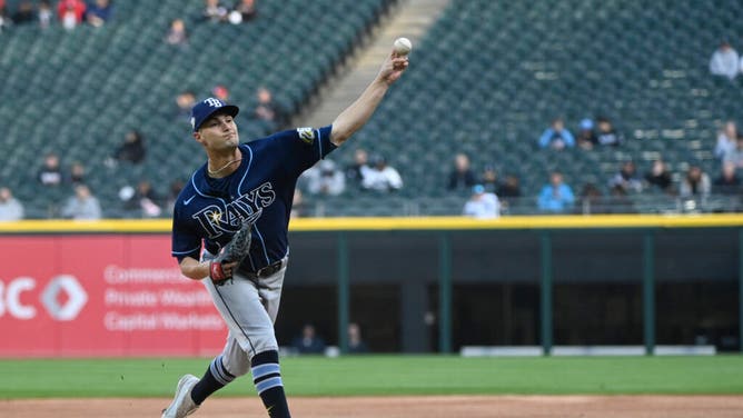 Rays LHP Shane McClanahan delivers against the White Sox during the 1st inning at Guaranteed Rate Field in Chicago.