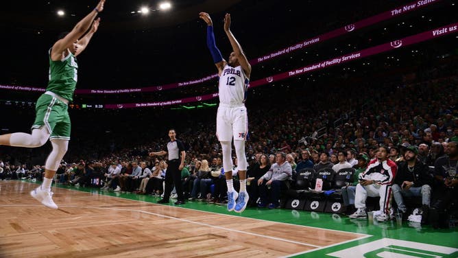 76ers SF Tobias Harris shoots a 3-pointer during Game 2 of the Eastern Conference Semifinals at the TD Garden in Boston.