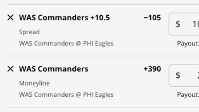 The Washington Commanders' odds at the Philadelphia Eagles from DraftKings Sportsbook as of Monday, November 14th at 5:50 a.m. ET.