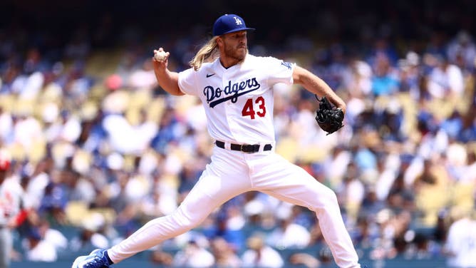 Dodgers starting RHP Noah Syndergaard throws a pitch during the 3rd inning against the St. Louis Cardinals at Dodger Stadium in Los Angeles.