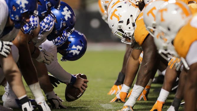 Kentucky Wildcats and Tennessee Volunteers lining up at Neyland Stadium in Knoxville, Tennessee.