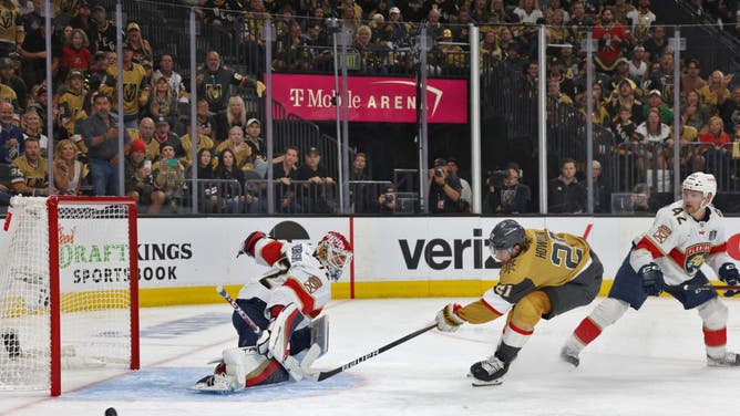 Panthers G Sergei Bobrovsky defends the net on a scoring attempt by Golden Knights C Brett Howden during the 3rd period of Game 1 of the 2023 NHL Stanley Cup Final.
